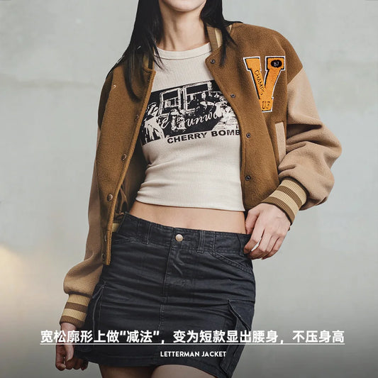 Vintage Collegiate Baseball Jacket with Letter Embroidery Woolen Thicker Short Versatile Coat for Women'S Fall and Winter