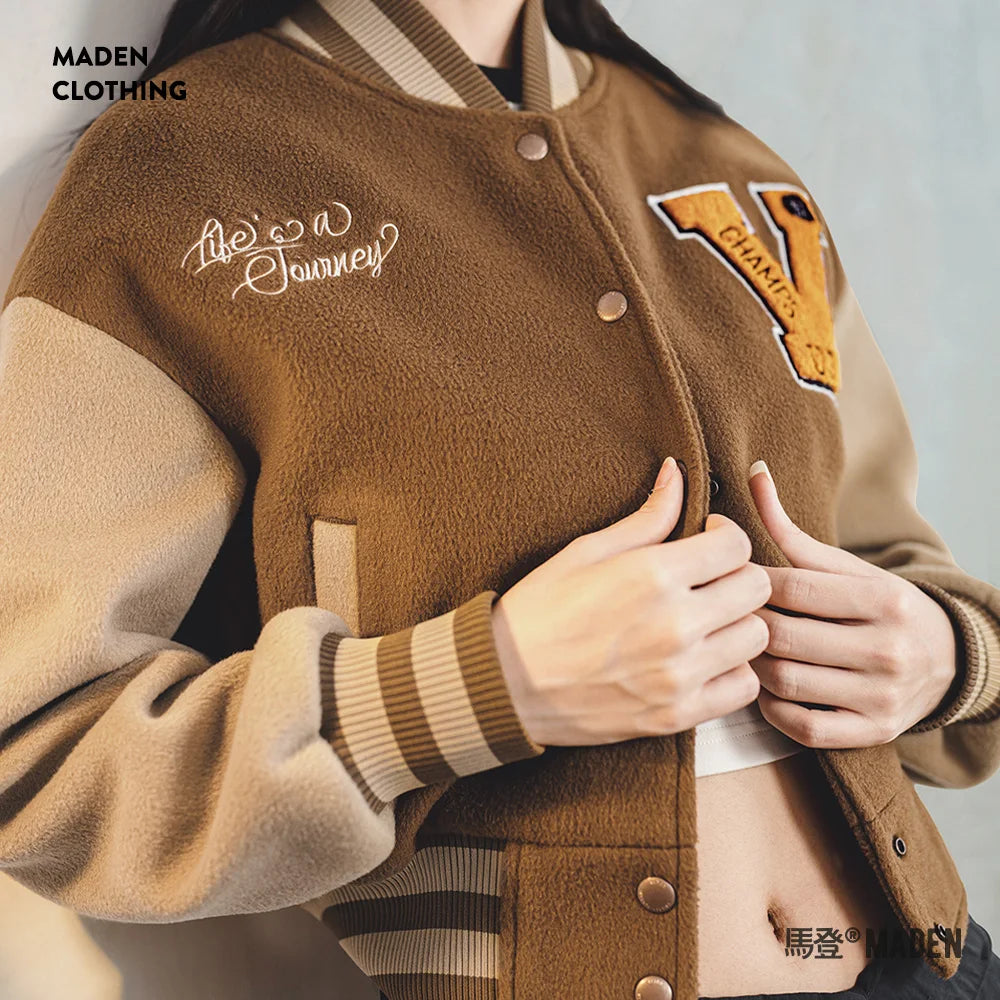 Vintage Collegiate Baseball Jacket with Letter Embroidery Woolen Thicker Short Versatile Coat for Women'S Fall and Winter