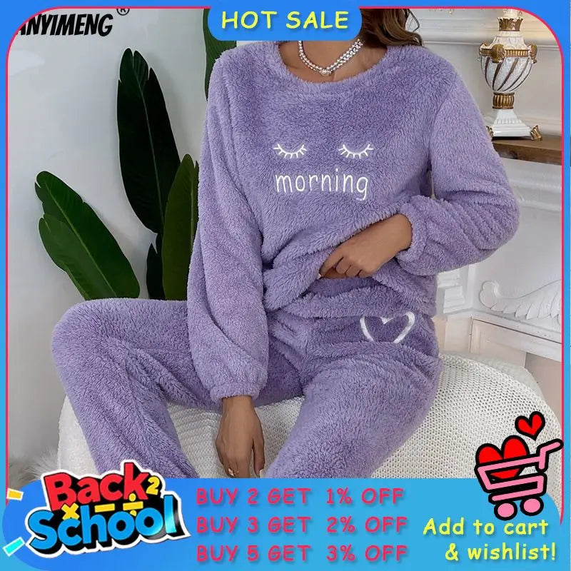 Fluffy Homewear Winter Woman Pajamas Set Pullover Lashes Sleepwear Casual Cozy Flannel Pijamas Cold Thermal Lady Lingerie Pyjama