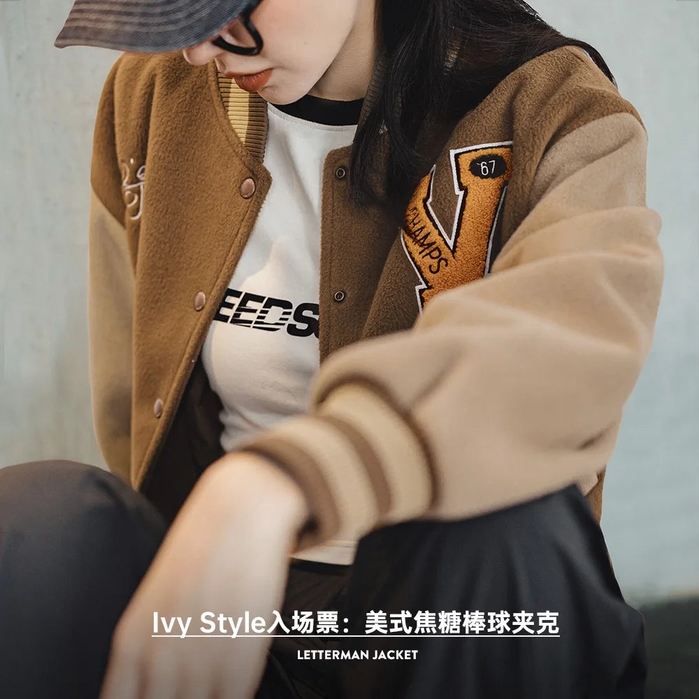 Vintage Collegiate Baseball Jacket with Letter Embroidery Woolen Thicker Short Versatile Coat for Women'S Fall and Winter