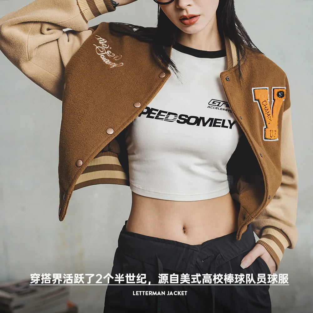 Vintage Collegiate Baseball Jacket with Letter Embroidery Woolen Thicker Short Versatile Coat for Women'S Fall and Winter