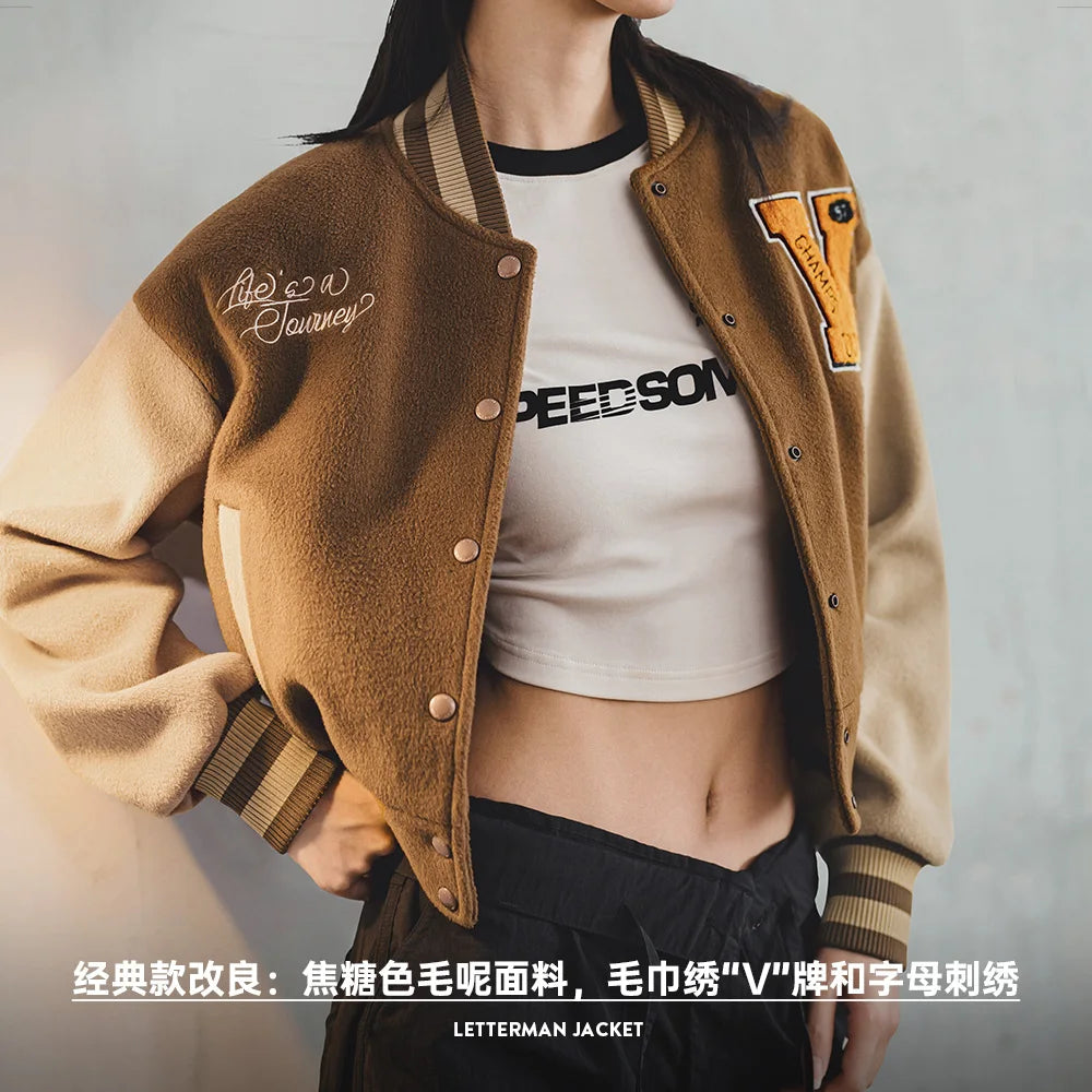 Vintage Collegiate Baseball Jacket with Letter Embroidery Woolen Thicker Short Versatile Coat for Women'S Fall and Winter
